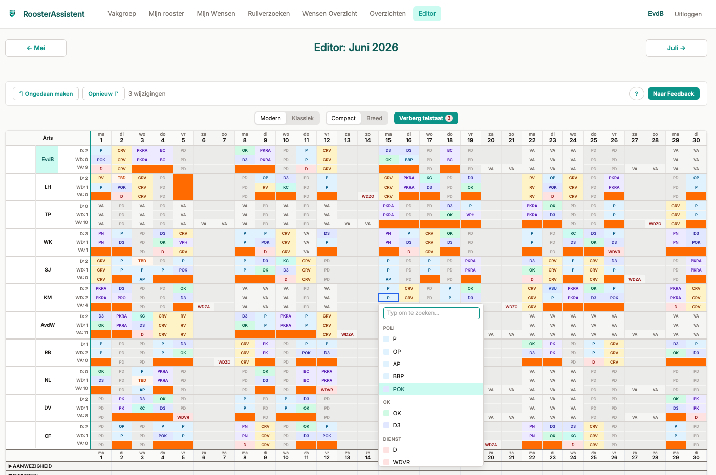 Screenshot van de RoosterAssistent editor met een volledig maandrooster voor juni 2026, activiteiten-keuzemenu geopend